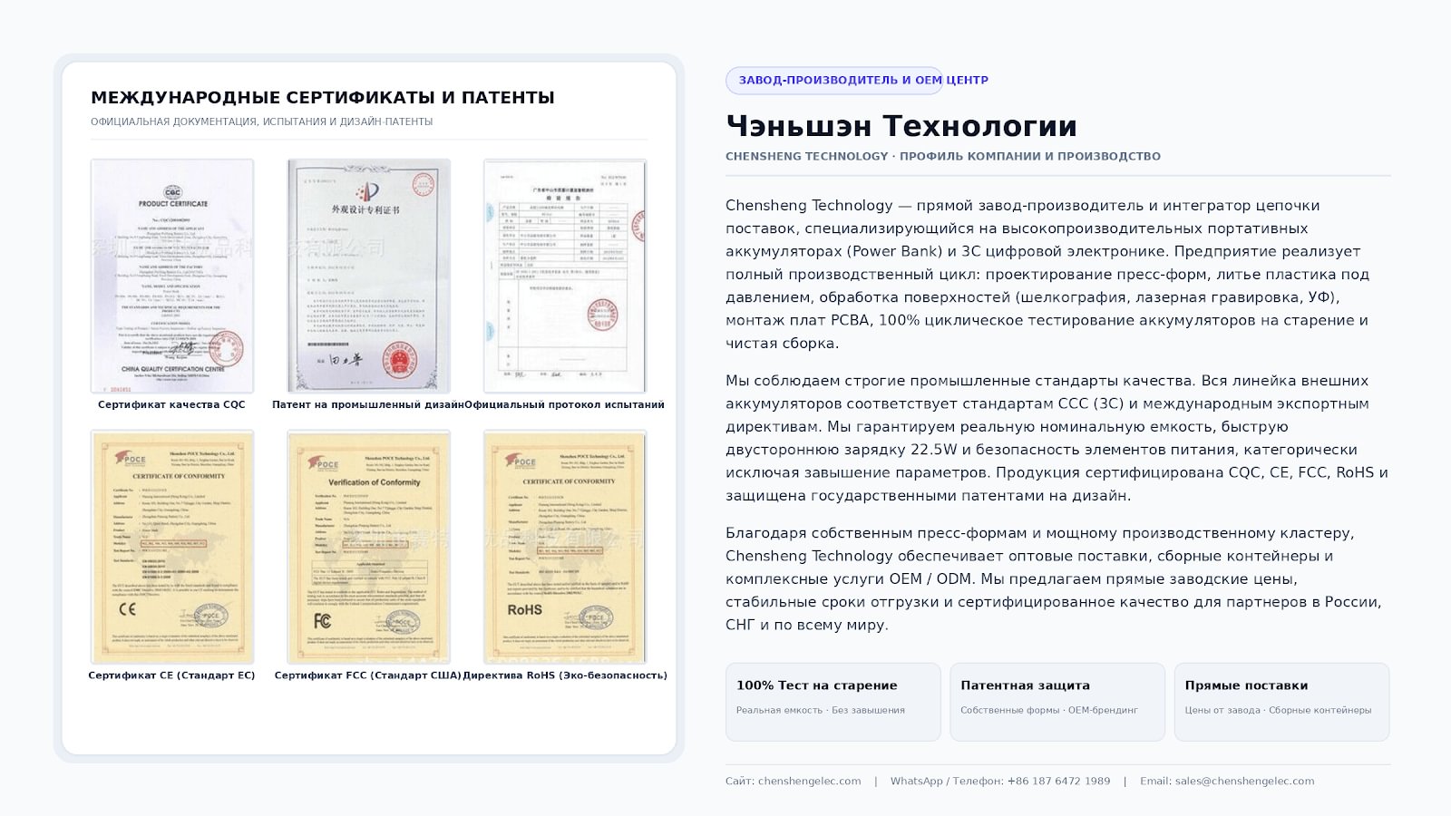 Сертификаты и информация о компании Чэншэн